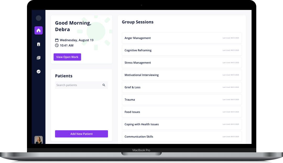 Clarity clinician app — a home screen greeting the social worker with the day's plan and a list of group sessions ready to run