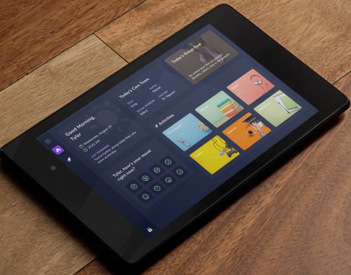 Clarity running on a patient's tablet — a home screen with the day's schedule, care team, a mood check-in, and a grid of activities