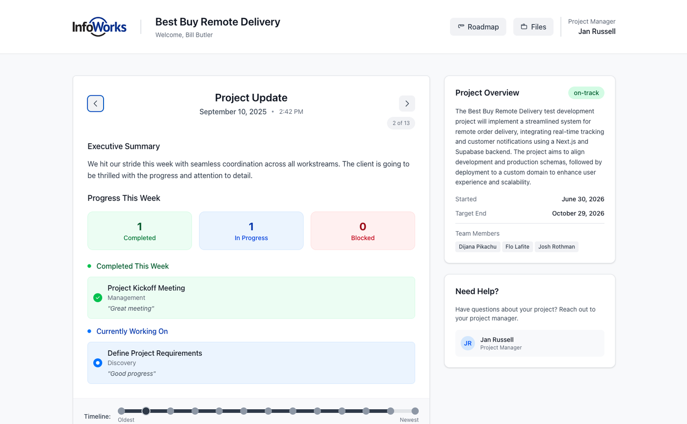 Project Pulse client report — status, executive summary, and a timeline of past updates